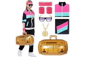 Blisscok Disfraces Años 80, Set Incluye Ropa Chándal, Radio Hinchable, Gafas, Diadema, Collar,Muñequeras para Rockstar, Carnaval, Halloween Temática Fiestas