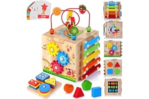 HELLOWOOD Wooden Activity Cube Baby Toys, 8-in-1 Montessori Educational Toy Set, Bead Maze Shape Sorter Abacus Xylophone Words & Clock Learning, STEM Toys for Boys Girls Toys for 1 2 3 years old