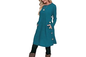 Aokosor Jumper Dress for Women Tunic Dress Ladies Long Sleeve Dress with Pockets Side Buttons Dress for Leggings