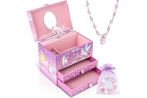 Homtibrm Musical Jewellery Box For Girls - Large Kids Jewellery Music Box with 2 Pullout Drawers & Unicorn Jewellery Set, Great Birthday Gifts for Girls Christmas Gifts, Rainbow Unicorn Design