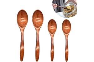 EQLEF Lot de 4 petites cuillères en bois naturel faites à la main pour thé, café, miel, sucre, condiment, soupe, riz, mélange, mélange (2 de 14 cm + 2 cuillères de 18 cm)