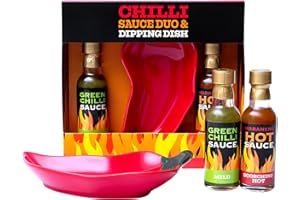 BEAMS INTERNATIONAL Hot Sauce Gift Set - Chilli Sauce Selection, 1 x Mild Green Chilli, 1 x Scorching Hot Habanero, 45 ml & Dipping Dish - Spicy Challenge, Christmas Food Gifts for Men, Boyfriend, Unique Foodie Gifts