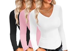 Ekouaer Damen 3 Pack Langarmshirt V-Ausschnitt Unterhemd Sexy Layer Tee Dünn Thermo Oberteil Slim Fit Basic Tops S-XXL
