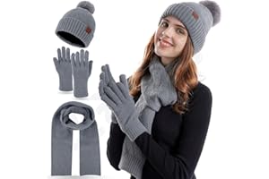 FUBABCO Set Cappello Sciarpa Guanti Invernali Donna, Set Cappelli Sciarpa e Guanti Maglia Caldo Donna Cappello Pompon e Sciarpa Lunga e Guanti Touch Screen per Donne Ragazze Che Sciano All'aperto