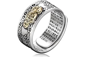 Kucheed Bague Feng Shui PiXiu Mantra, Bagues de Bonne Chance Bouddhistes en Argent,Bijoux Amulet Mantra,Protection Richesse Amour Santé Bande,Bagues Réglables Ouvertes Cadeau pour Hommes Femmes (A)