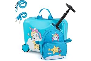 SOARS Set di Valigia Cavalcabile 18’’ + Zaino 12’’ per Bambini 2 Pezzi, Bagagli 2-in-1 di con Maniglia Telescopica e 4 Ruote, Trolley Bagaglio a Mano e Zaino per Bambini (Blu Unicorno-C)