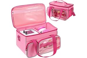 Dadanism Handy Carrying Case Fit Toniebox Starter Set, Portable Travel Carrying Bag for Tonies Audio Player, Tonies Figures Characters, Charging Station, Headphones, with Shoulder Strap & Handle, Pink