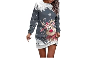 GENERIC Womens Oversized Sweatshirt Dress Long Sleeve Crew Neck Christmas Sparkle Dress Xmas Wine Glass Printed Dresses Long Tops to Wear with Leggings Going Out Casual Crew Neck Midi Dress Party Costumes