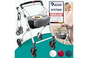 ELONEO Déambulateur 4 Roues Pliable Léger - Largeur 54 cm, Déambulateur d'Intérieur avec Plateau et Panier en Tissu - Rollator Adulte, Aide à la Mobilité Pliant Aluminium - Blanc