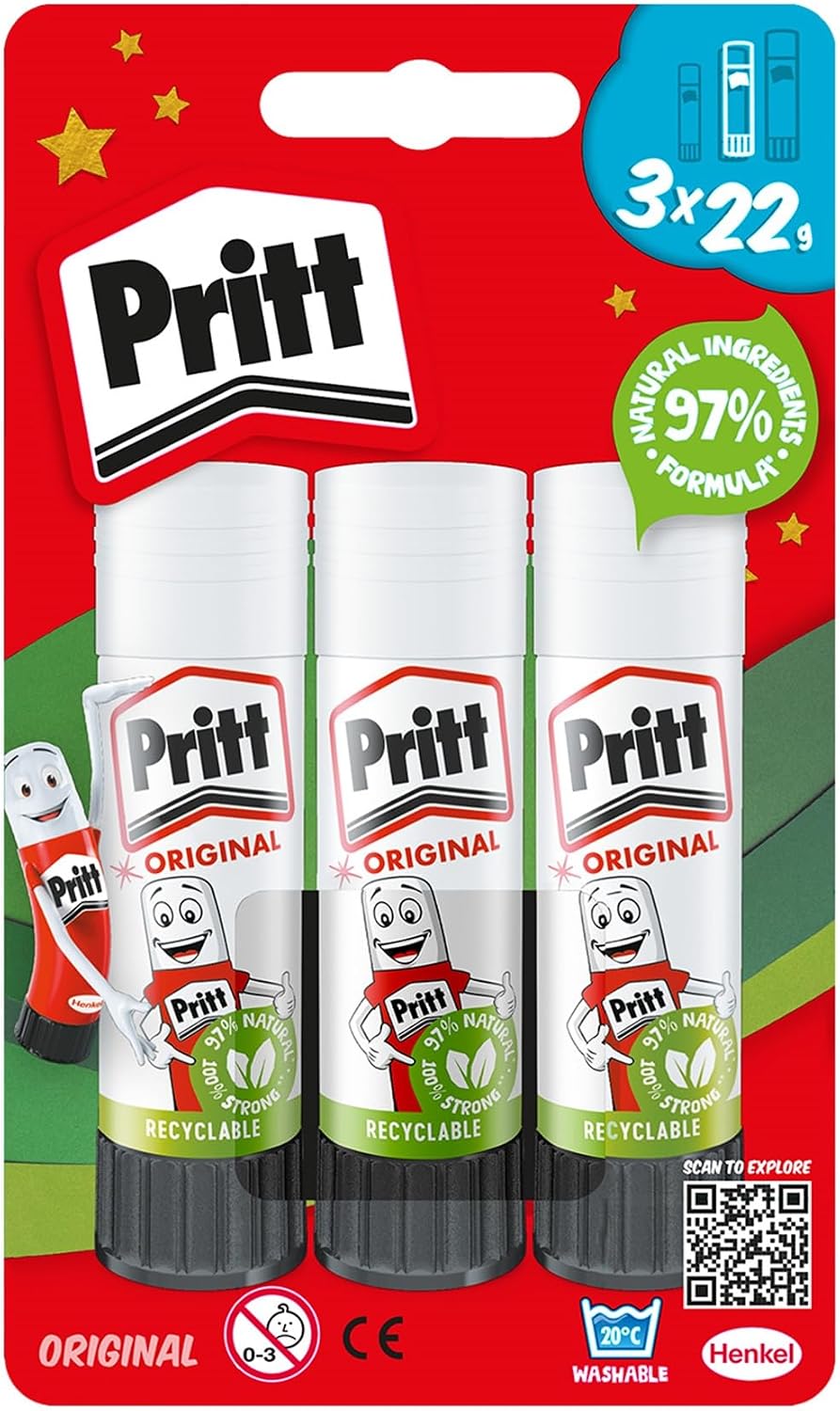 Pritt Glue Stick, Safe & Child-Friendly Craft Glue for Arts & Crafts Activities, Strong-Hold adhesive for School & Office Supplies, 22 g (Pack of 3)