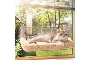 MEWOOFUN Hamaca Plegable para Ventana para Gatos, Cama Plegable para Ventana con Alfombrilla Reversible, Hamaca Estable para Gatos Que soporta hasta 18 kg (Marrón, M - con Cama)