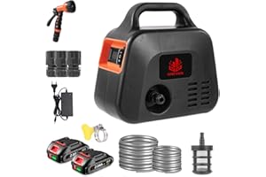 ONEVAN pompe à eau sur batterie, 600L/h pompe de jardin sans fil avec 2 batteries de 2000 mAh, indicateur de charge, 2 vitesses, pompe arrosage électrique inclus buse 7 en 1, tuyau et filtre