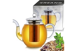 ‎CREANO Creano Szklany dzbanek do herbaty 1,5 l, 3-częściowy zaparzacz do herbaty z wbudowanym sitkiem ze stali nierdzewnej i szklaną pokrywką, idealny do przygotowywania luźnych herbaty, bez kapania, wszystko w jednym