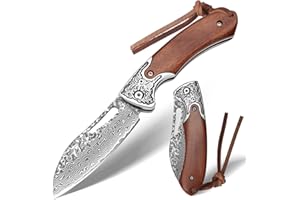 SPITZKANTE navaja de bolsillo damasco cuchillo de dos manos YUNWEN-DMSG, 42a conforman, cuchillo plegable de dos manos de acero de Damasco, con cordón, mango de madera