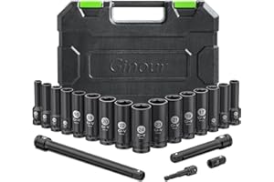 Juego de Vasos de Impacto 20 piezas, CR-V 8-24mm Ginour Vasos Impacto 16 piezas 1/2" Hexagonal con extensión de 3, 5 y 10 pulgadas y adaptador de 3/8 a 1/2