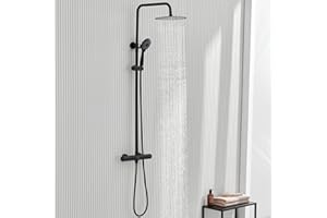 Ulytid Kit Doccia con Soffione e Doccetta, Colonna Doccia con Miscelatore Termostatico, Sistema Doccia Saliscendi Doccia Regolabile, Soffione Rotondo in Acciaio Inox 25cm, Set Doccia Completo Nero