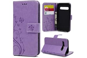 REEVERMAP Samsung Galaxy S10 Case Premium PU Leather Flip Phone Cover Butterfly and Flower Embossed Wallet Protective Case for Samsung Galaxy S10 with [Kickstand] Card Holder, Light Purple