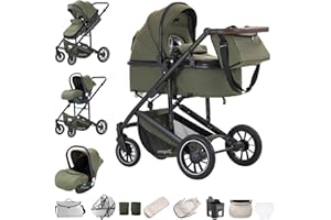Zkiprm 3-in-1 Baby Stroller Travel System, Pram and Car Seat Combo, Pushchair with Height Adjustable Handle, Baby Buggy Travel Pram with Aluminum Frame for Newborns 0-4 Years Green