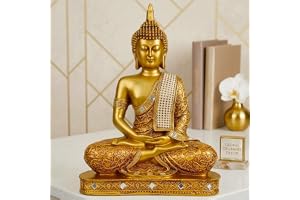 Global Grabbers Polyresin Sitting Buddha Idol Statue Showpiece for Home Decor Decoration Gift Gifting Items-GOL4-BS2-(00), Gold