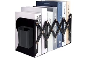 TIWIHON Book Ends - Adjustable Metal Book Ends for Shelves, Heavy Duty Expandable Bookends,Desk Bookshelf Book Storage Stand Book Stopper Book Organizer Rack with Pen Holder for Kids Home Office School(Black)