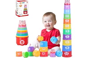 MOONTOY Jouet Cubes Empilables bébés Enfant 1 an, avec Chiffres, Lettres, Motifs,Jouet éducatif Jouet d’éveil pour Garçon Fille,Cadeaux 6 9 12 24 Mois