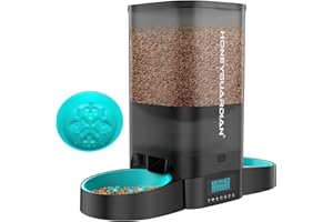 HoneyGuaridan Automatic Cat Feeder for 2 Cats, Equally Distributed Cat Feeder Timer Dispenser with Slow Feeder Bowls, 4-stage Seal Lock Fresh, Up to 6 Meals a Day - for Multi-Cats & Dogs (5L)