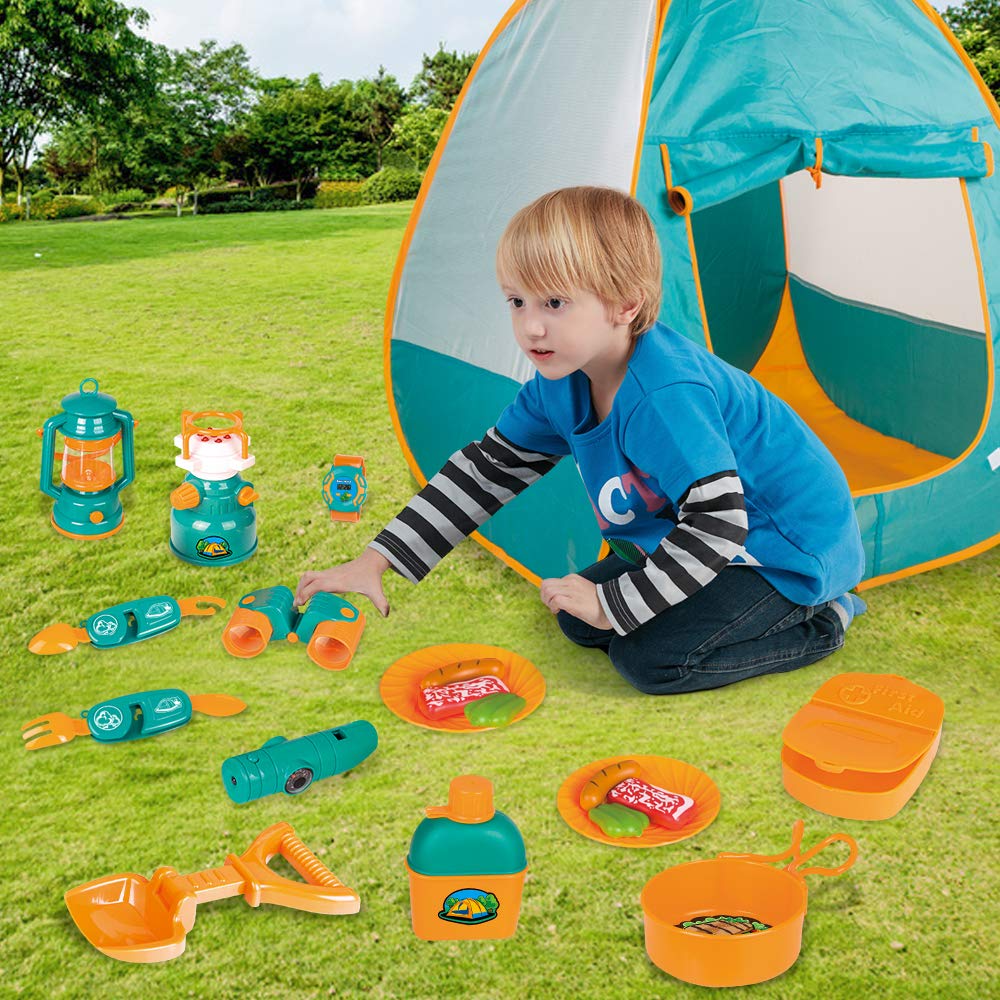 LBLA-Tente-De-Camping-Enfant-avec-Cuisine-et-Kit-de-Survie-Accessoires-dExtrieurJouet-Jeu-Aventurier-pour-des-Gamins-de-3-Ans