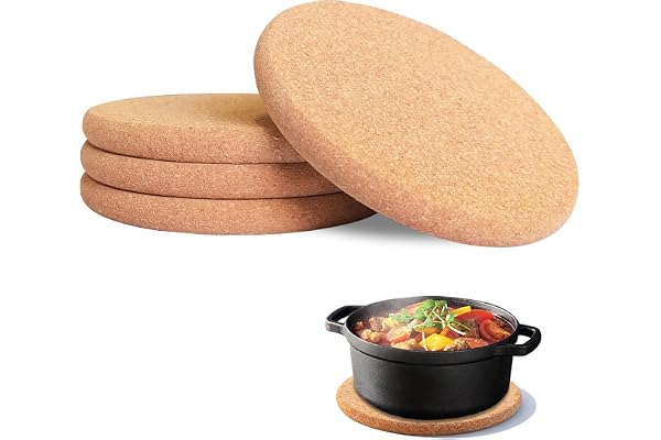 Set med 4 19cm värmebeständiga köksunderlägg i kork för kök | Runda korkunderlägg skyddar bord mot värme - idealiska för hemmafruar i köket med heta grytor