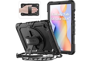 SEYMAC Case for Samsung Galaxy Tab S6 Lite 10.4 Inch 2024/2022/2020,Shockproof Case with 360 Rotating Stand/Hand Strap, [Shoulder Strap&Built-in Screen Protector] for Galaxy Tab S6 lite, Black