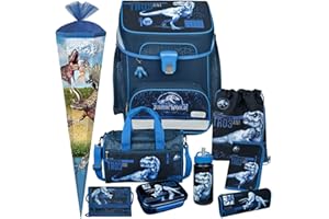 GENERISCH Jurassic World - Dinosaurier - SCOOLI Undercover EasyFit Schulranzen-Set 10tlg. mit Sporttasche, BRUSTBEUTEL, BROTDOSE, TRINKFLASCHE und SCHULTÜTE, Größe: 36,5x33x29 cm, Blau