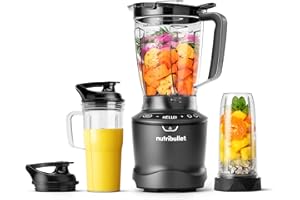 Nutribullet SmartSense Mixer Combo NBF550DG Frullatore con 5 Velocità Variabili, Funzione Pulse, Bicchiere da 946ml e da 710ml con Manico, Ciclo Automatico Intelligente, Coperchio To-Go, 1500W, Nero