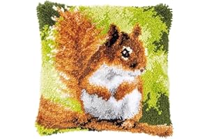 ROCKY&CHAO Latch Hook Kit Squirrel Pattern 43x43cm, Complete DIY Cushion Making Craft Kits with Yarn & Canvas and Crochet Needle, Latch Hook Pillow Cover Adult Craft Kits Home Decor for Women