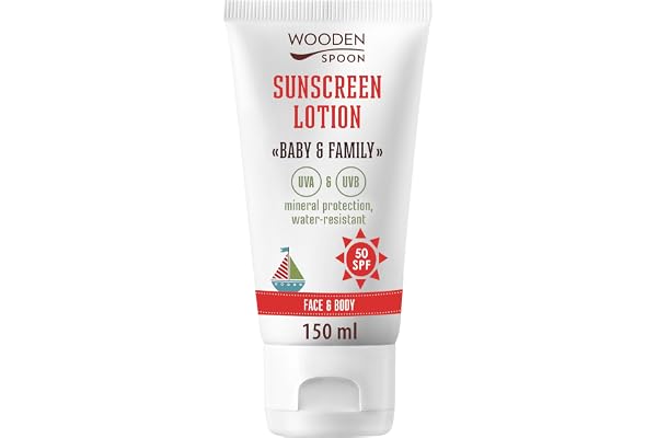 Wooden Spoon Crème Solaire Bio Bébé et Famille SPF 50 – 100% Naturelle, Zinc Invisible, Sans Trace Blanche, Hypoallergénique, Vegan, Résistante à l’Eau – 150 ml