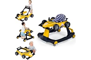 GYMAX Baby Walker, 4 in 1 Foldable Toddler Push Along Walker with Steering Wheel, Music Box, Lights and Comfy Seat, Height & Speed Adjustable Infant Learning to Walk Activity Center (Orange)
