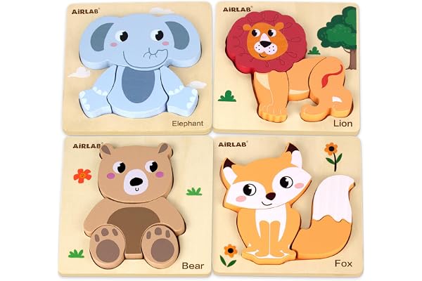 Airlab Jeux Puzzles Bois Bébé 1 2 3 4 Ans, Casse-têtes Animaux 3D avec Cadre et Sac de Rangement, Jouet Éducatif Éveil Montessori, Cadeau Anniversaire Pâques Halloween Noël pour Enfants Garçons Filles