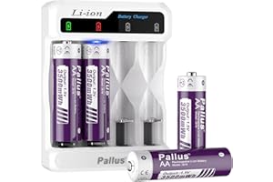 PALLUS Rechargeable AA Lithium Battery with 4-Slot Smart Voice Charger - 2 Hours Fast Charging, 3500mWh High Capacity, 1500+ Cycle Charging, for Cameras, Toys, Remote Controls, Game Consoles (4 Pack)