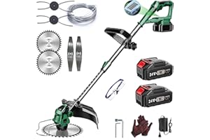 FIUTAZGE Decespugliatore a Batteria 24V, Tagliabordi a Batteria 3 In 1, con 2 Batterie 2,0 Ah, Maniglia Telescopica, Testa Girevole 90°, Linea di Taglio di 20 Metri, 4 Lame in Lega（Verde）
