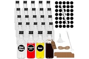 HYCKee [24 Pack] Miniature Alcohol Bottles 50ml, Small Empty Plastic Bottle With Black Screw Capsfor Sloe Gin Sauce Wine Syrup Oil Liquids, Mini Liquor Shots Bottles With Funnel Labels