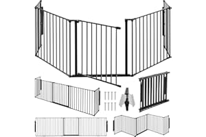 tectake Kaminschutzgitter Metall, Schutzgitter, Laufstall, Absperrgitter, Ofenschutzgitter, Hundegitter, Kindergitter, Raumteiler mit 5 Elementen, Tür mit Sicherheitsschloss, Wandhalterung - schwarz