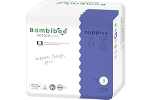 Bambiboo Pieluchy dla niemowląt, 3 średnie (6-11 kg) COTTONWEAR jednorazowe pieluchy dla niemowląt z bawełną organiczną i substancjami roślinnymi ze wskaźnikiem wilgotności – 26 szt.