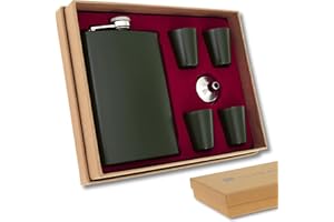 ‎FLANACOM Flachmann Geschenkset für Männer • Militär Design Matt-Schwarz o. Matt-Grün • Edelstahl Flachmann Set mit Becher & Trichter • Geschenk für Männer • 9 oz / 265 ml • Wandern Zubehör (Grün)