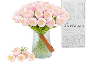 Justoyou - 15 tulipanes artificiales de seda y látex con tallos, de tacto real, para decoración de casa, bodas y jardines (rosa)