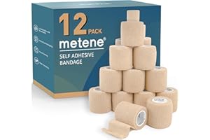 Metene Self Adhesive Bandage Wrap 12 Pack, Athletic Tape 2 Inches X 5 Yards, Sports Tape, Breathable, Waterproof, Elastic Bandage for Sports, Wrist and Ankle Wrap Tape, Non-Woven Bandage (Brown)