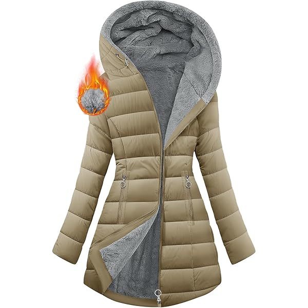 Damen Wintermantel Lang - Gefütterte Fleecejacke Mit Kapuze Winddicht