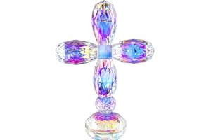 QFKRIS Crystal Cross Standing Colorful Traditional Cross On Base 5.5 x 7 inches Glass Tabletop Figurine