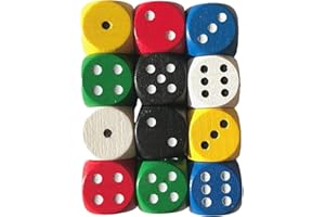 Spieltz Dadi standard in legno per giochi da tavolo, 16 mm, prodotti in Germania, 12 dadi, giallo-rosso-blu-verde-nero-bianco)