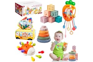 Fortand 5 en 1 Jeux Montessori Bébé Eveil, Dinosaures Jouet Sensoriel Jeux de Corde à Tirer, Boite Mouchoir, Blocs de Construction, Anneaux D'empilage, Bebe 6-12 Mois Cadeau