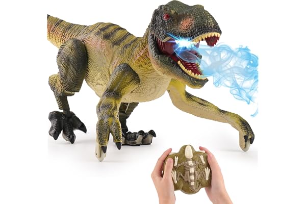PREBOX Jouet Dinosaure telecommandé Enfant, Robot 2.4GHz RC Dino avec Pulvérisation, Son et Lumière, Marche, Rugit, Rechargeable Interactif Jeu Educatif Cadeau pour Garçons Filles 5 6 7 8 9+ Ans