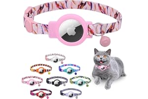 Mouyou Airtag Katzenhalsband,Airtag Halsband Katze mit Glocke Sicherheitsverschluss,Weiches Nylon Katzenhalsband mit Silikon Airtag Halter Hülle Verstellbar von 22-34cm Rosa mit Muster