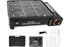 YINLEADER Barbecue a gas portatile da campeggio con piatto grill rete barbecue - Barbecue portatile con valigia